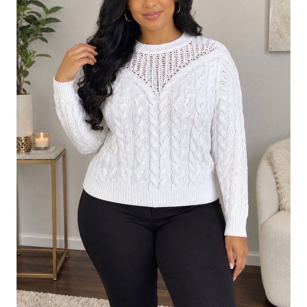 Women’s Plus Size Cable Knit Crew Neck Pointelle Off White Size 2 X Sweater